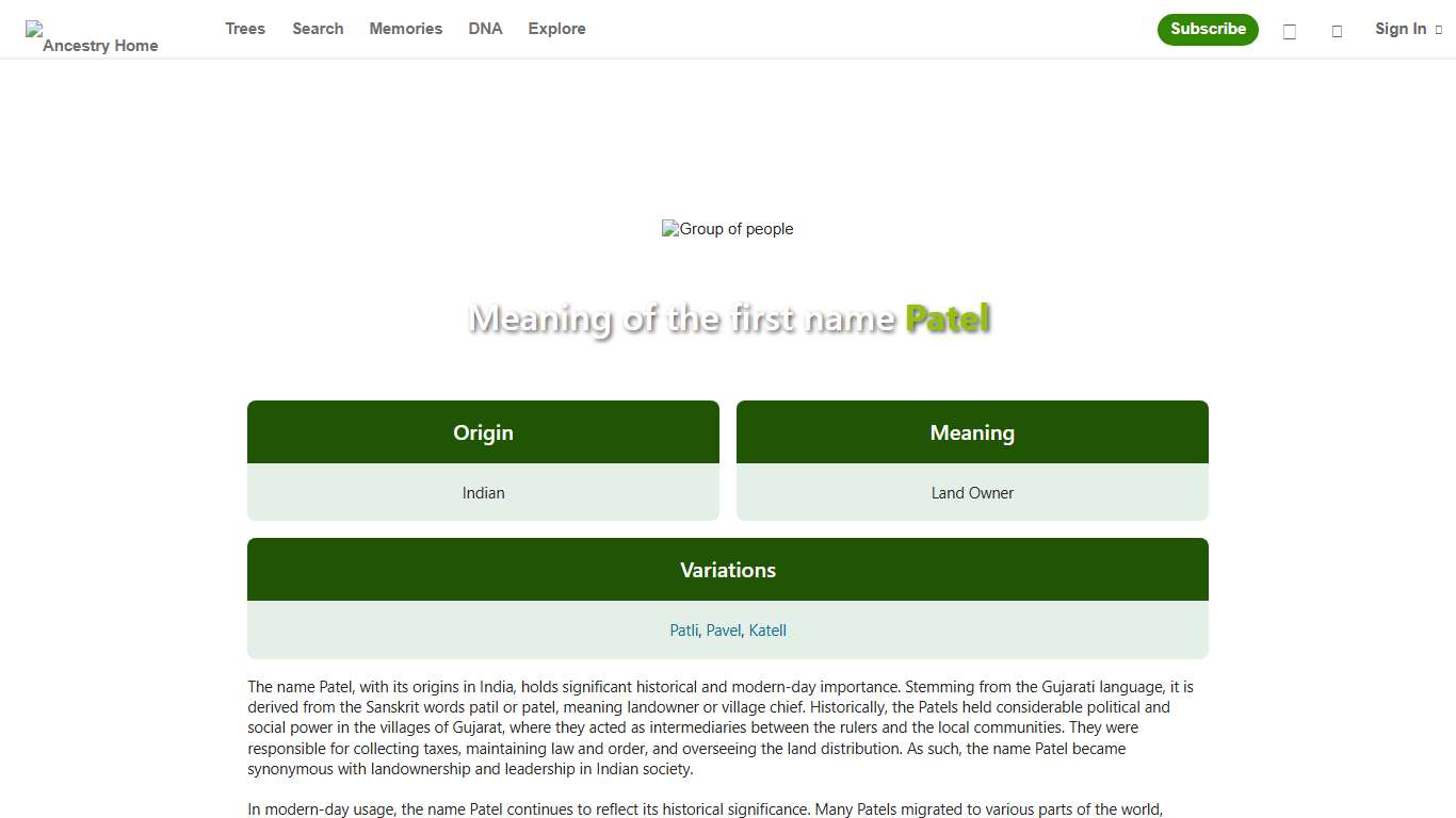 Patel : Meaning and Origin of First Name Search Family History on Ancestry®.com